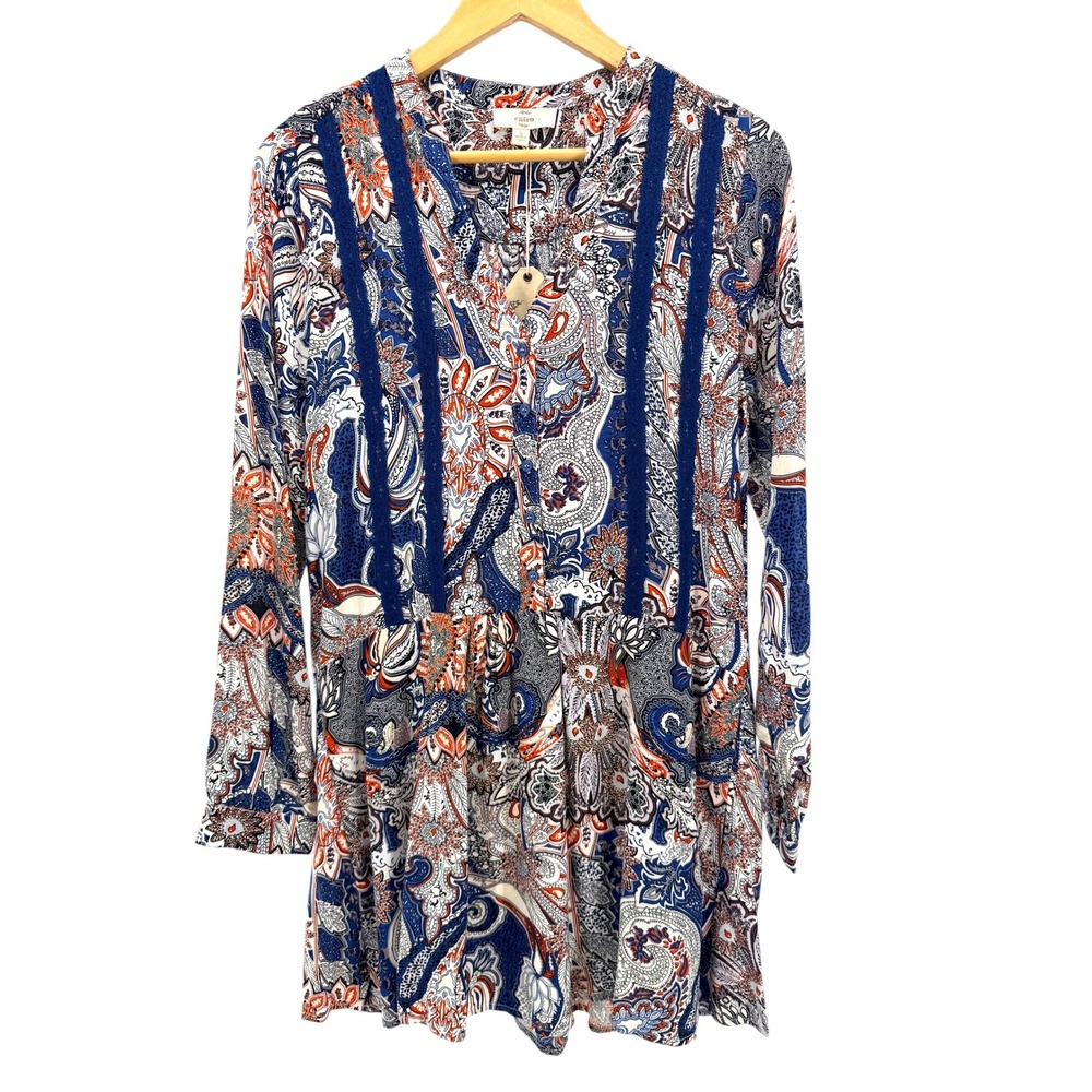 Entro Paisley Tunic Dress S Small NWT Blue Orange Boho Crochet Lace Henley D5752